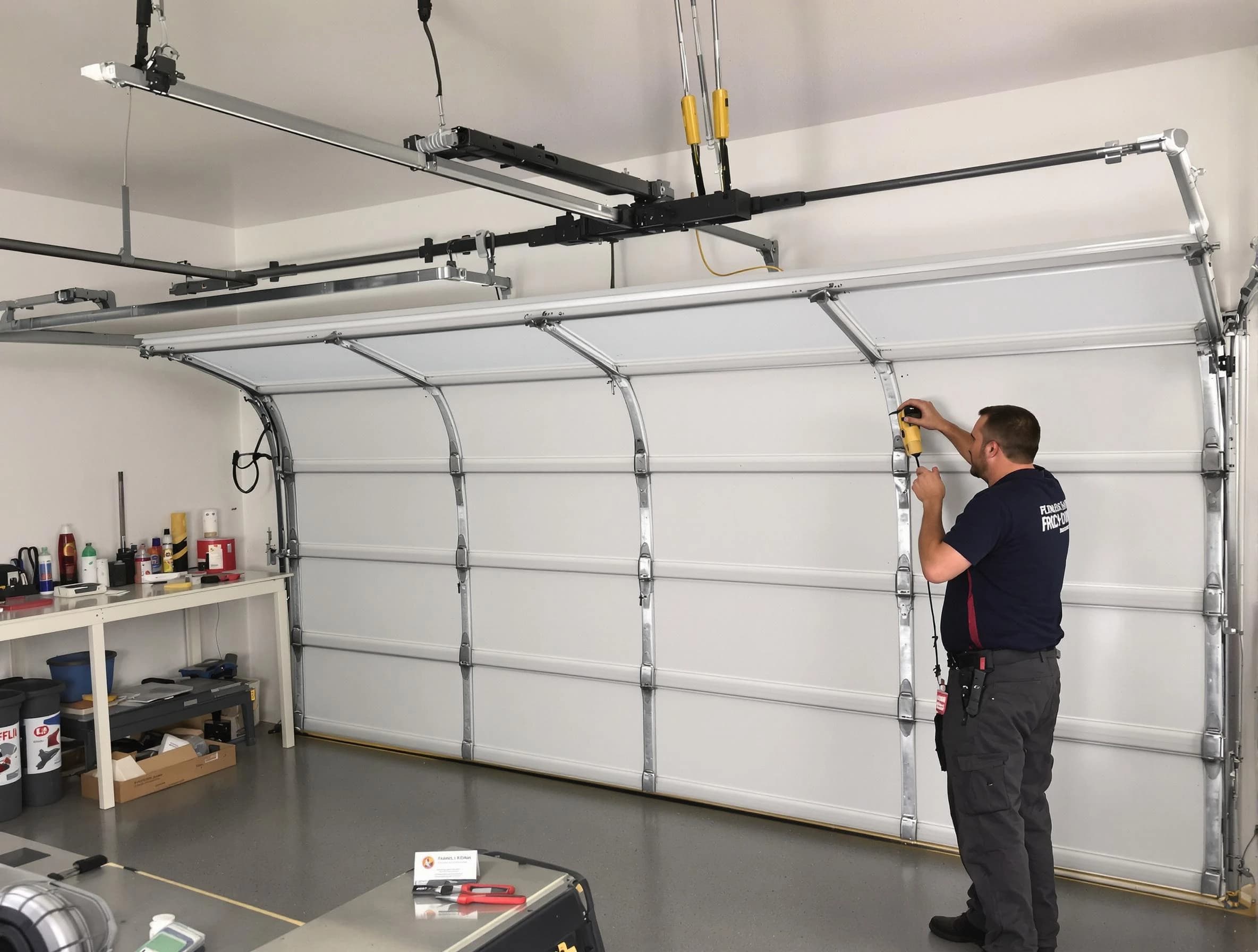 Bennett Garage Door Repair certified technician performing overhead door system repair in Bennett