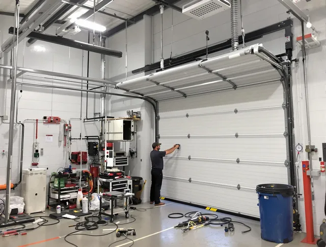 Bennett Garage Door Repair certified technician performing commercial door repair at a Bennett business facility