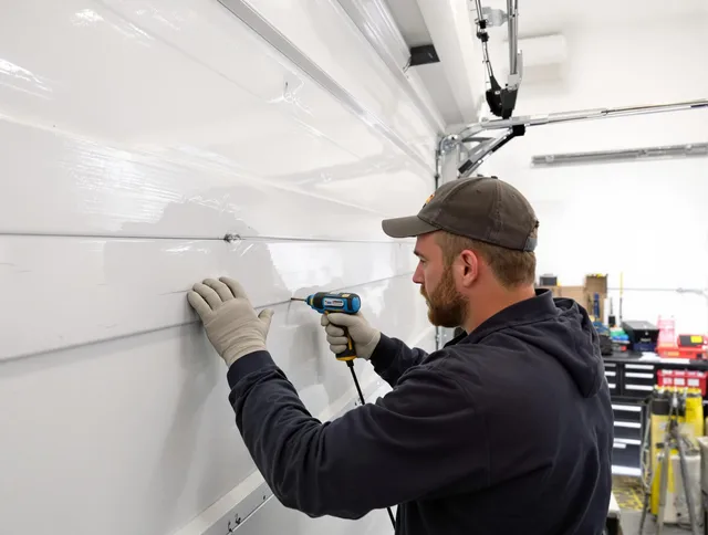 Bennett Garage Door Repair technician demonstrating precision dent removal techniques on a Bennett garage door