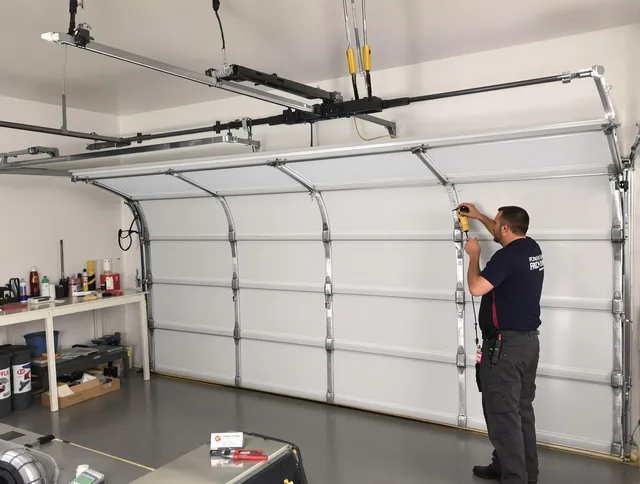 Bennett Garage Door Repair certified technician performing overhead door system repair in Bennett